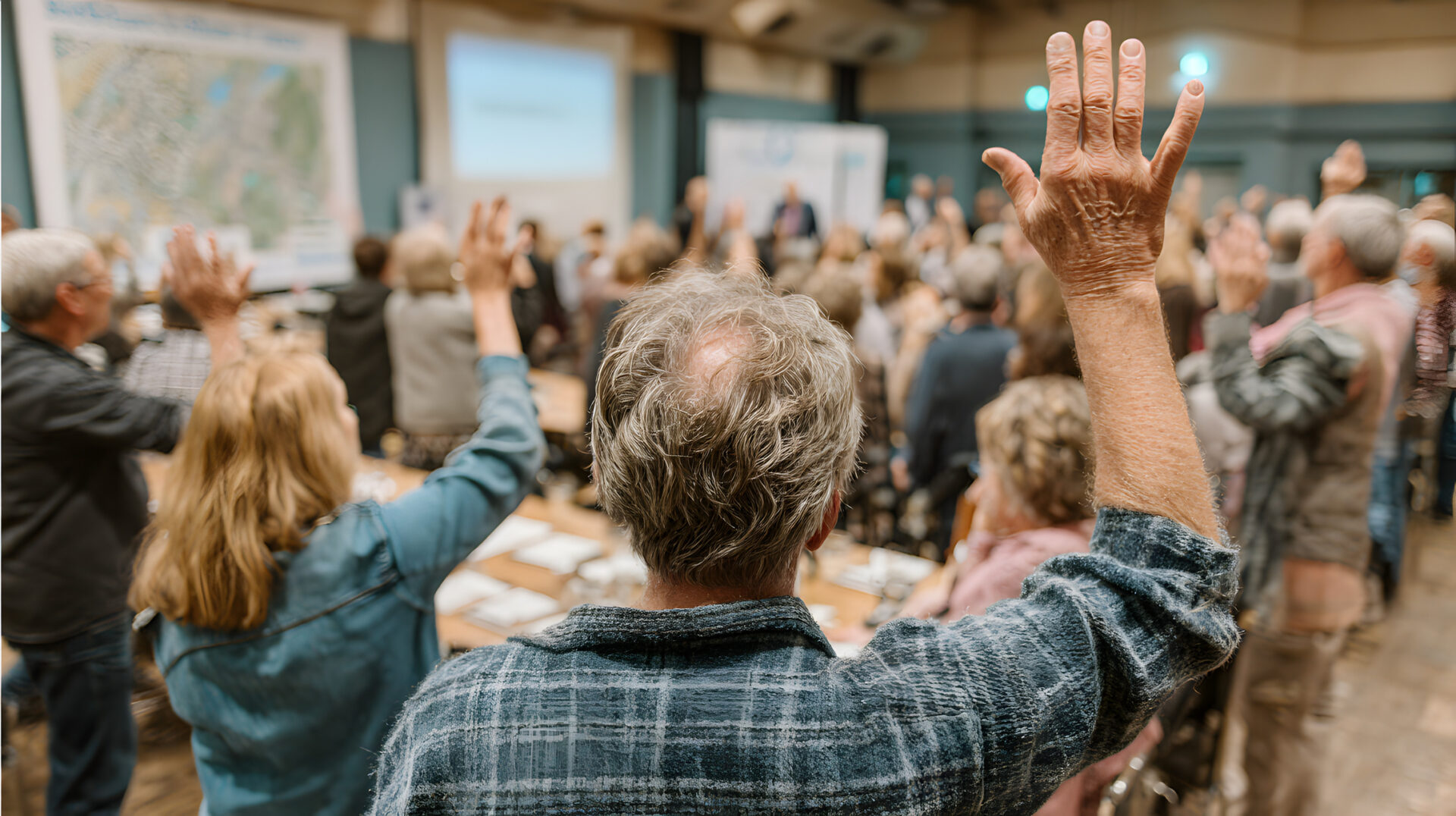 Community members raising their hands during a public health education meeting focused on leadership and advocacy