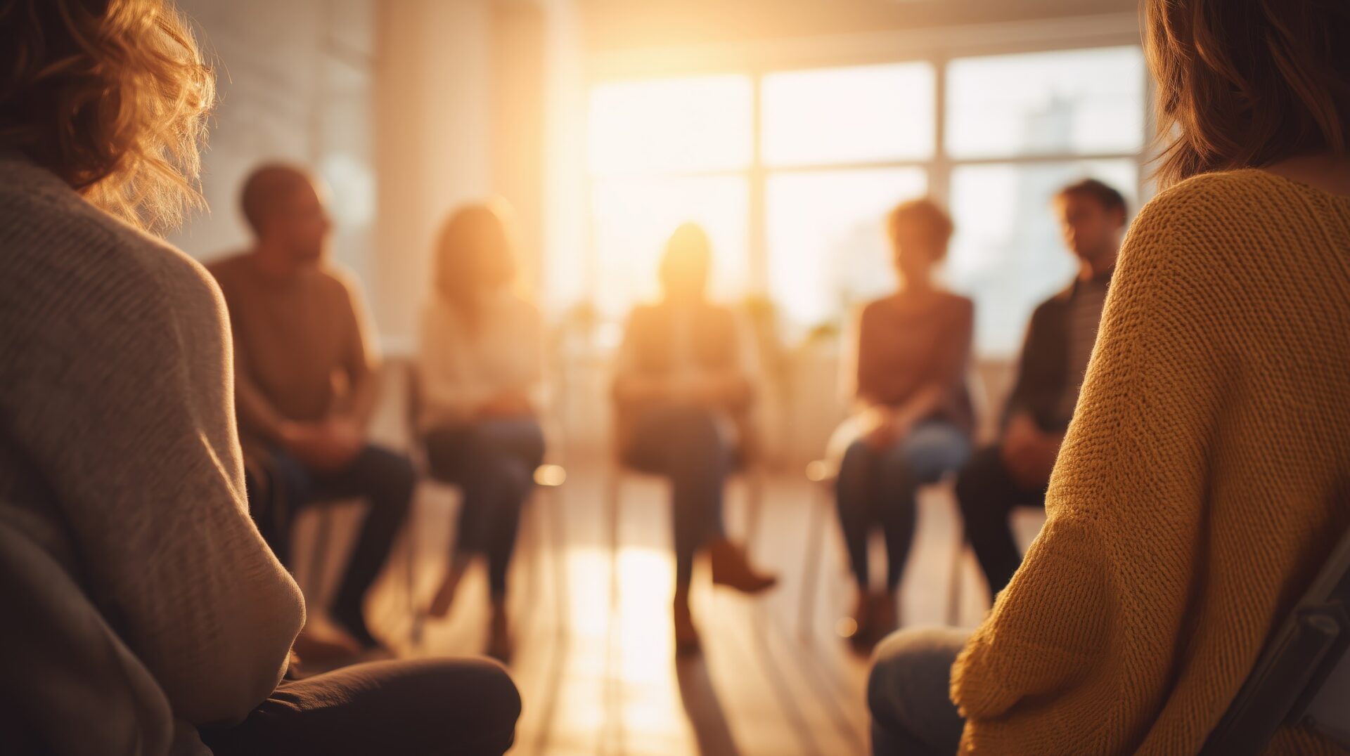 Small group seated in a circle during a community-based mental health support discussion in a sunlit room