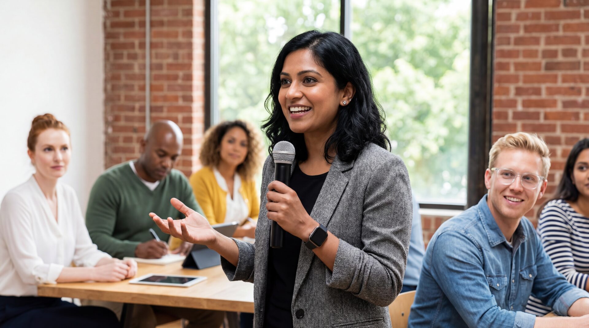Community leader speaking into a microphone during a workforce development discussion with diverse participants