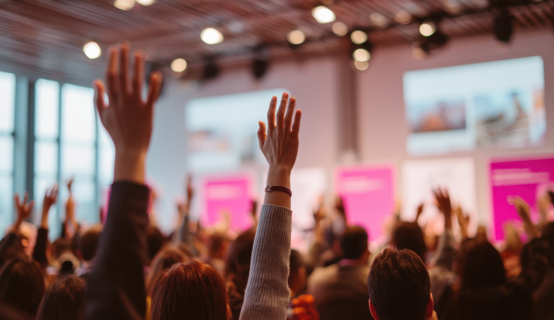 Community members raising hands during a public health discussion on rebuilding trust in science and healthcare